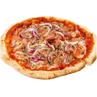 Tomatensaus, mozzarella, tonijn, ui en olijven